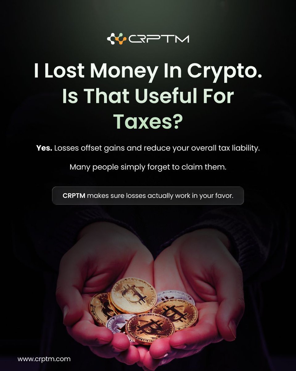 xcrptm's tweet photo. Lost in crypto? Do not lose the tax benefit too. 
Claim your losses, offset gains, and lower what you owe. 

CRPTM makes sure nothing goes unclaimed. 

#CRPTM #Cryptoloss #Taxbenefit #Taxtip https://t.co/pwJoHZPVms