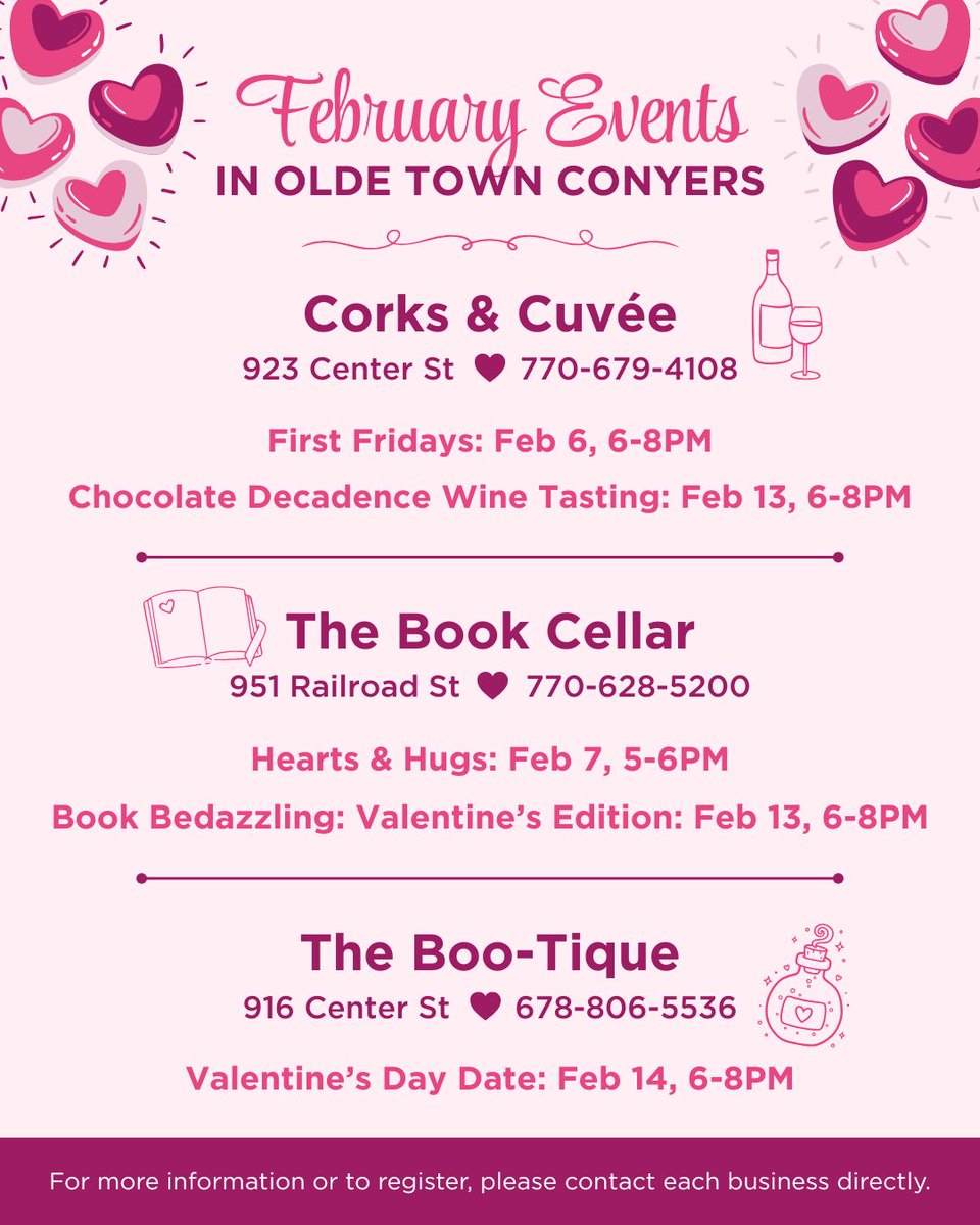 Fall in love with February in Olde Town Conyers! 🌹😍
Corks &amp; Cuvée, The Book Cellar, and The Boo-tique are hosting special Valentine’s events you won’t want to miss.
For more information, please contact each business directly.

#OldeTownConyers #ShopLocalConyers #ConyersGA