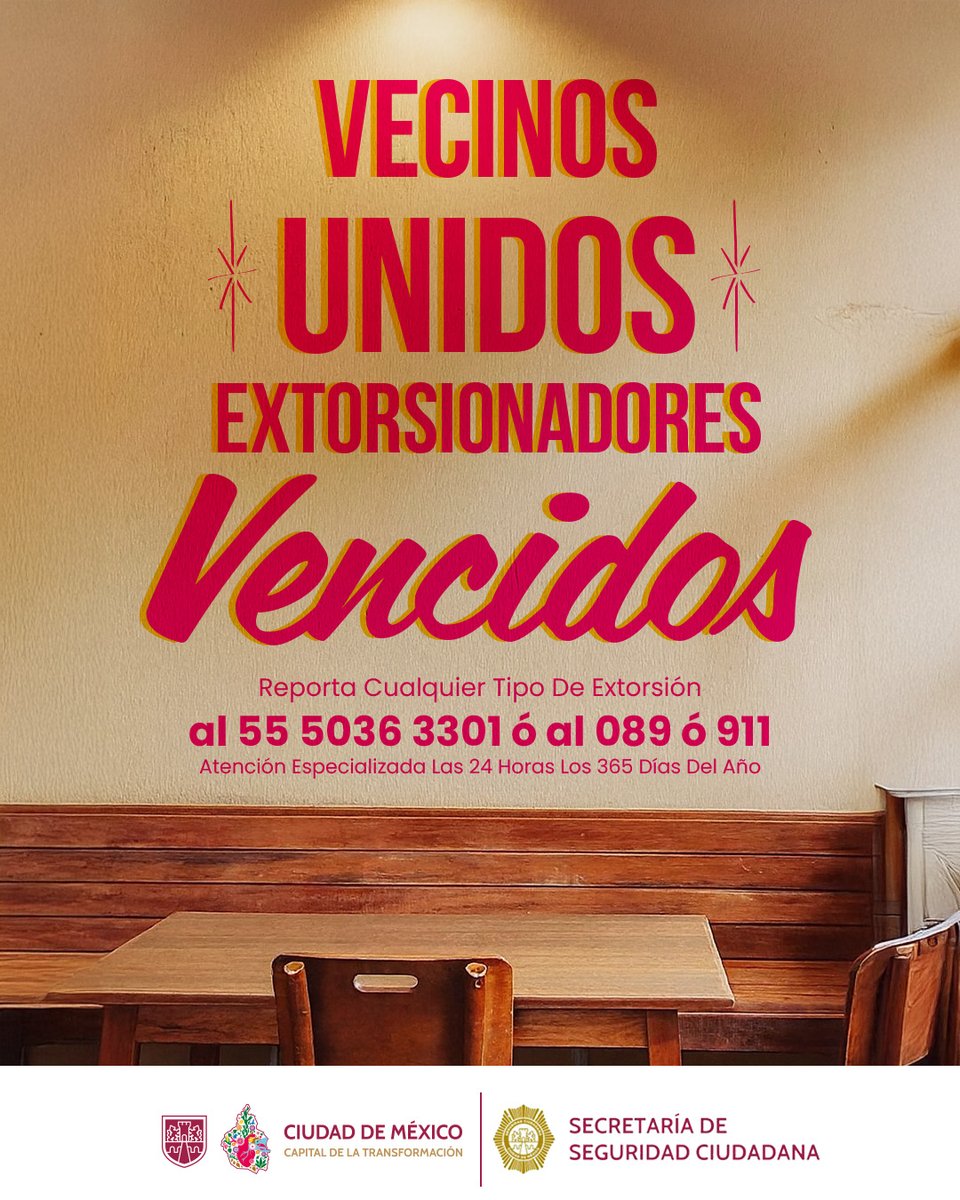 SSC_CDMX's tweet photo. La unión hace la diferencia ante la #Extorsión. 🫱🏻‍🫲🏼

Denunciar fortalece la seguridad de nuestro entorno.

☎️ Reporta y recibe atención especializada en los teléfonos: 55 5036 3301, 089 y 911.

¡Juntas y juntos #ContraLaExtorsión! https://t.co/2RRpspJjb2
