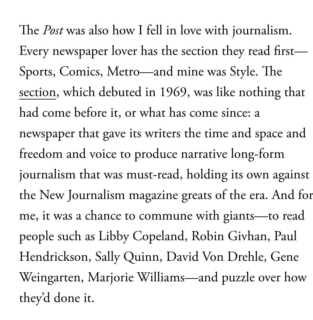 I deeply identify with this from <a href="/AshleyRParker/">Ashley Parker</a>. 

If you were a kid growing up in the DC area of the 80s and 90s, the Post WAS your hometown. And if you got hooked on journalism, it was very likley because of Style.