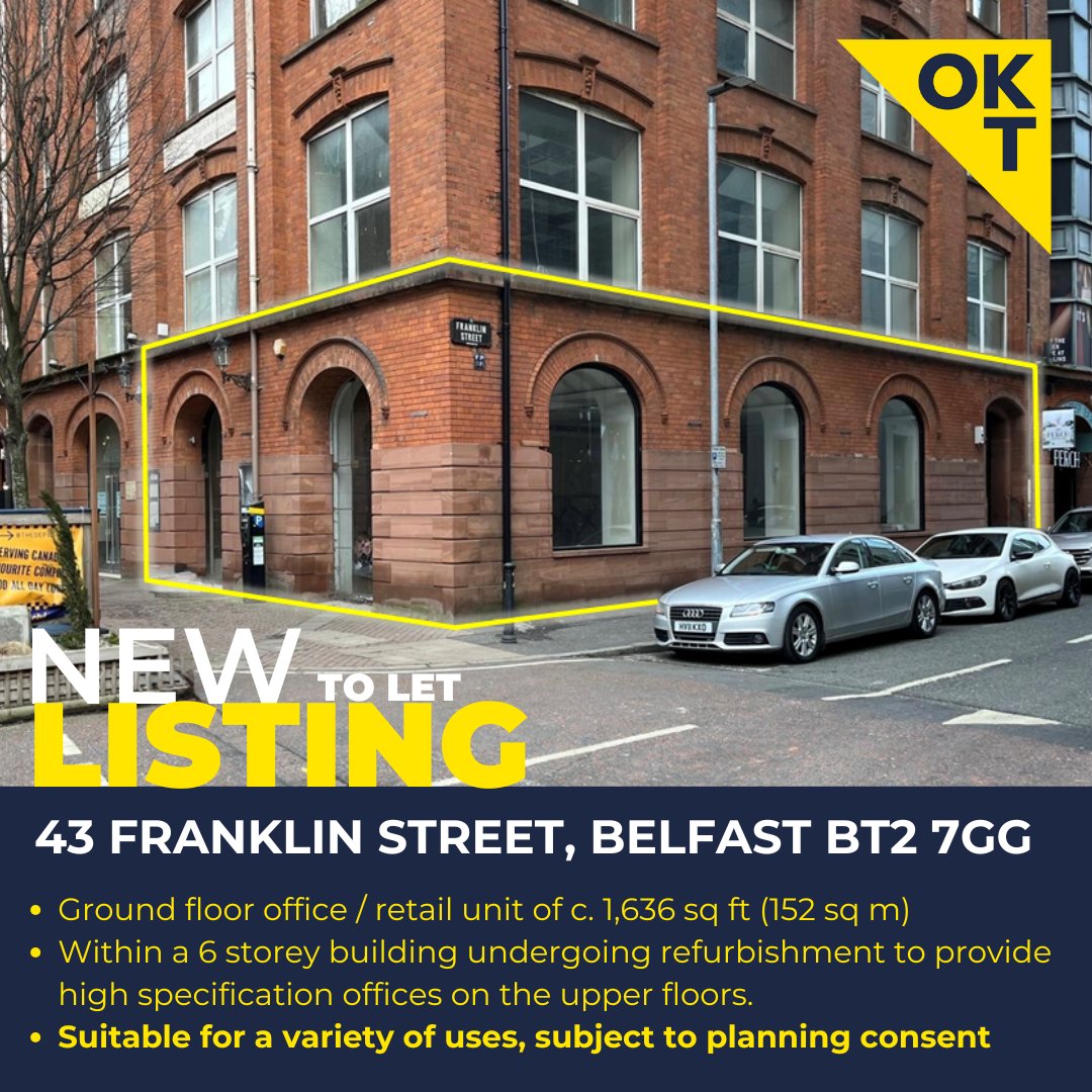 Now available to let: Ground floor property in Belfast’s Linenhall Quarter. Exceptional opportunity for either office or retail occupiers. Contact us on 02890248181 for further details or to arrange a viewing. #BelfastOffice #RetailSpace
okt.co.uk/properties/43-…