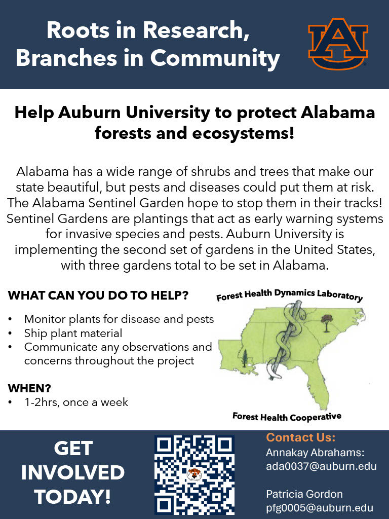 ForestHealth_AU's tweet photo. If you or someone you know is interested in contributing to the Alabama Sentinel Garden, please use the QR code or reach out with questions! https://t.co/L3vB5l2ktg