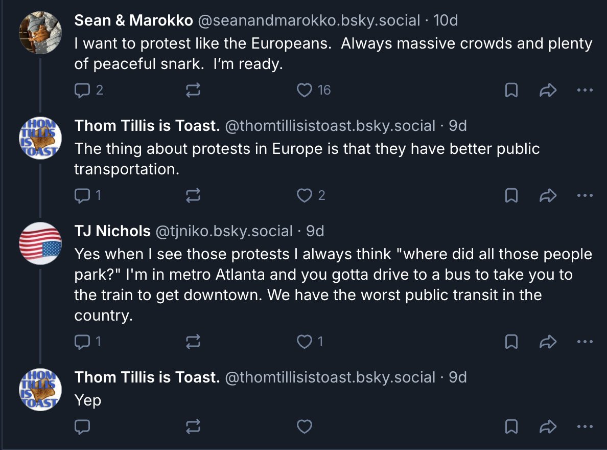Indeed, great transit access is beneficial for protest movements!  

Note: ATL has the worst sprawl, not the worst transit. Our transit access can improve some even w/in the status quo. But in the end, low-density places oriented to cars will never have great transit. Fix that.