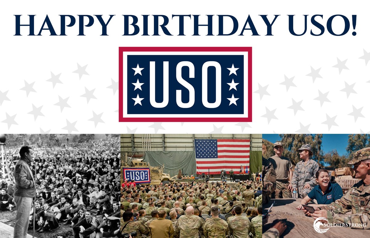 soldierstrong's tweet photo. Happy Birthday to @The_USO! 🇺🇸 🎉

For decades, the USO has supported service members and their families by providing connection, comfort, and community wherever they serve. We’re proud to recognize their incredible impact today.

#USOBirthday #ServingThoseWhoServe #SoldierStrong https://t.co/AFNkMA3ssC