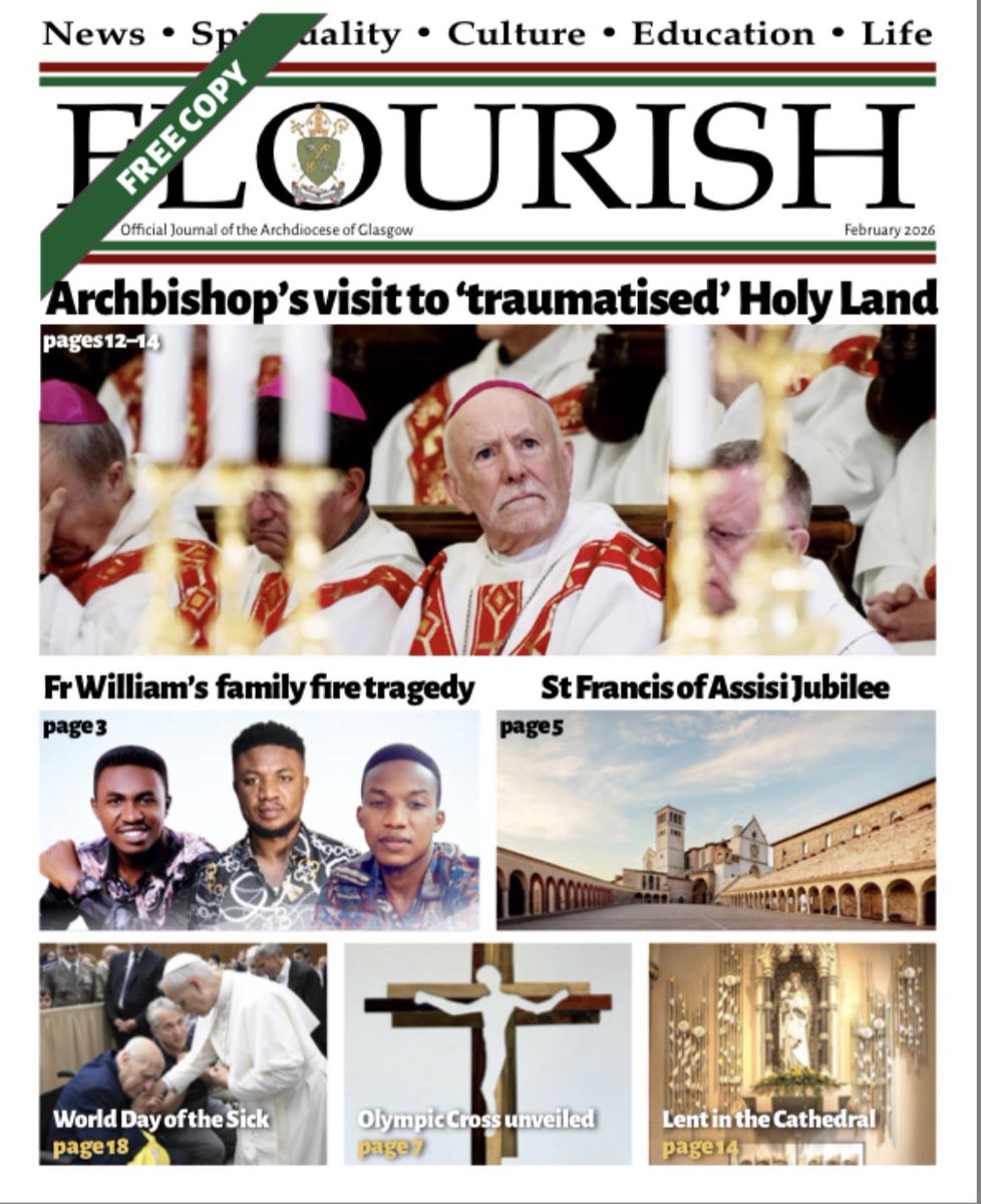 New Flourish online now:
• A picture feature on the Archbishop’s visit to the Holy Land
• How a parish rallied round when their priest’s family was devastated by a fire tragedy
• A new Jubilee Year has been announced for St Francis of Assisi.  
flourishnewspaper.co.uk