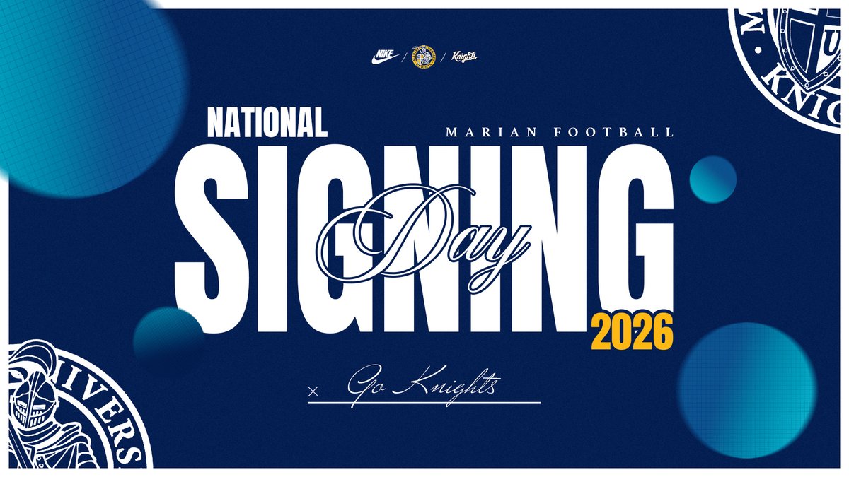 MUKnights's tweet photo. Today is #NationalSigningDay! 

Take a look at the 2026 @MarianUFootball class for the fall!

The Knights have locked in commitments from 31 future Knights, with six already enrolled this spring!
More⤵️
https://t.co/Y77yGNJY4X https://t.co/uVbHawb1an