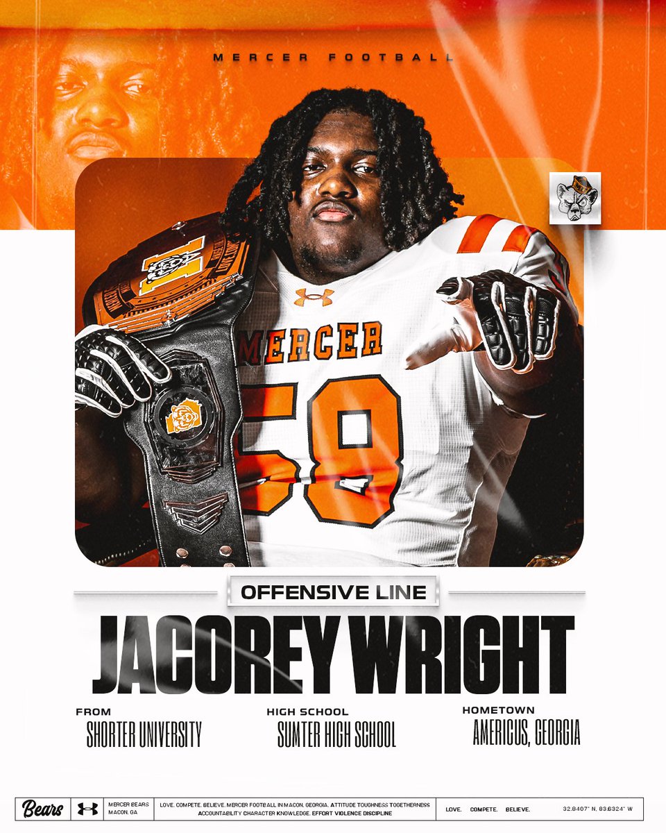 MercerFootball's tweet photo. New Addition ‼️

Welcome, @jacoreywright58 

OL | 6-5 | 300
Americus, GA
Shorter University

#ATTACK | #NSD26 https://t.co/JvadpIb4D6