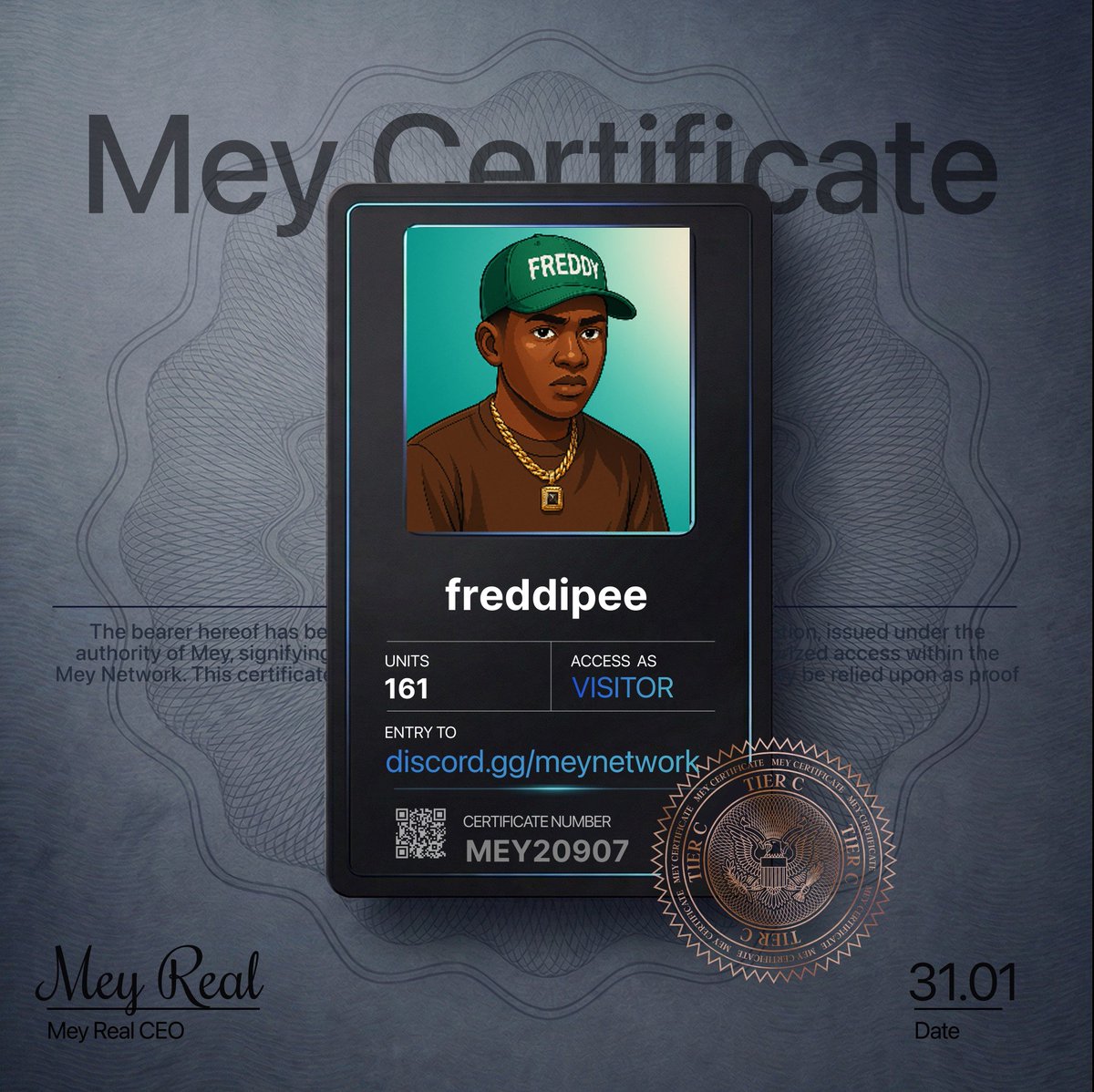 Claimed my **MEY Certificate** and I'm in MEY HQ now.

This tier system is kinda fire.

Which one did you get?

<a href="/mey_network/">Mey Network</a> → discord.gg/5tcJqTjDEv