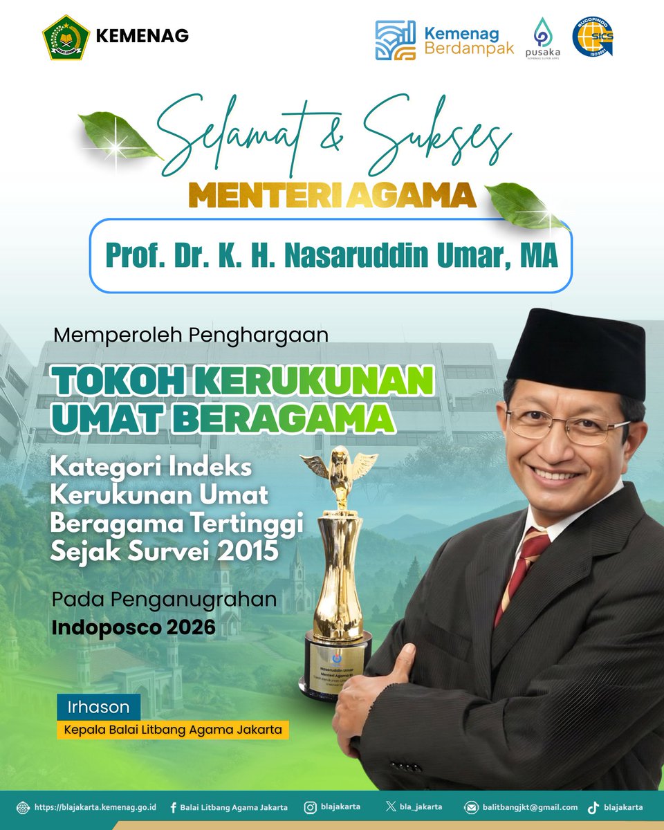 bla_jakarta's tweet image. Balai Litbang Agama Jakarta mengucapkan selamat dan sukses kepada Menteri Agama RI, Prof. Dr. K. H. Nasaruddin Umar, MA meraih penghargaan sebagai Tokoh Kerukunan Umat Beragama. 

#BLAJakarta #BMBPSDM #KemenagRI #KerukunanUmatBeragama #ModerasiBeragama