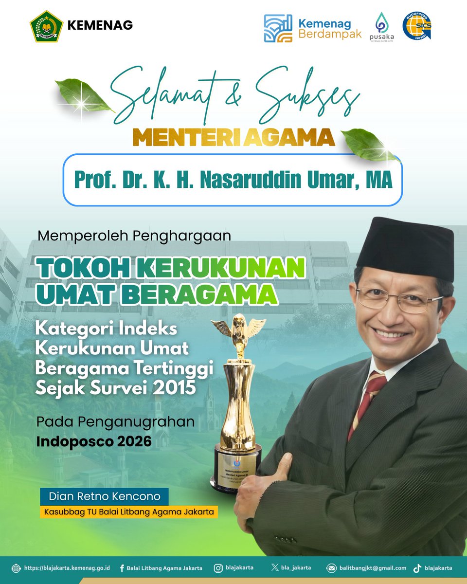 bla_jakarta's tweet image. Balai Litbang Agama Jakarta mengucapkan selamat dan sukses kepada Menteri Agama RI, Prof. Dr. K. H. Nasaruddin Umar, MA meraih penghargaan sebagai Tokoh Kerukunan Umat Beragama. 

#BLAJakarta #BMBPSDM #KemenagRI #KerukunanUmatBeragama #ModerasiBeragama