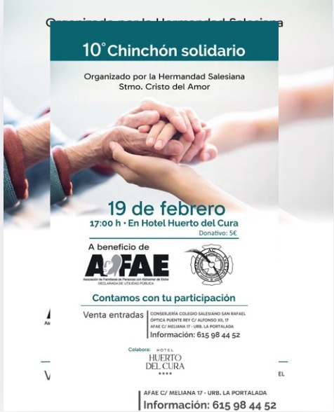 💌 10° Chinchón Solidario. 
Organizado por <a href="/xtodelamor/">Cristo del Amor Elx</a>

📍@hotelhuertodelcura

🗓️19 febrero 2026

🕛 17:00

🎁 A beneficio de @afaelche

ℹ️ Más info 615984452

🎟️ Venta de entradas. 
Conserjería Colegio Salesianos San Rafael. 
Óptica Puente Rey C/ Alfonso XIII, 17