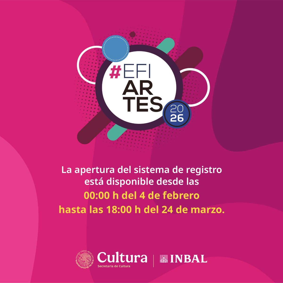 ¡El registro para EFIARTES 2026 ya está abierto!

El sistema estará disponible desde las 00:00 h del 04 de febrero hasta las 18:00 h del 24 de marzo.

¡No dejes tu registro para después!
Regístrate aquí:
 estimulosfiscales.hacienda.gob.mx/es/efiscales/e…