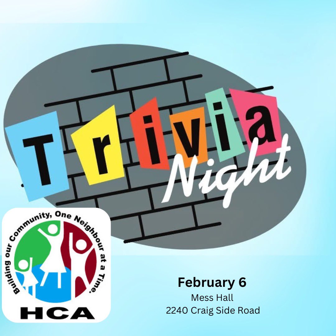 Trivia night approaches! It’s been sold out every year so register now! Go to HCA-carp.ca to register your team of 4,6 or 8 players! Light snacks provided, bar available, great trivia master. It’s a fun event for friends and neighbours. Even prizes!