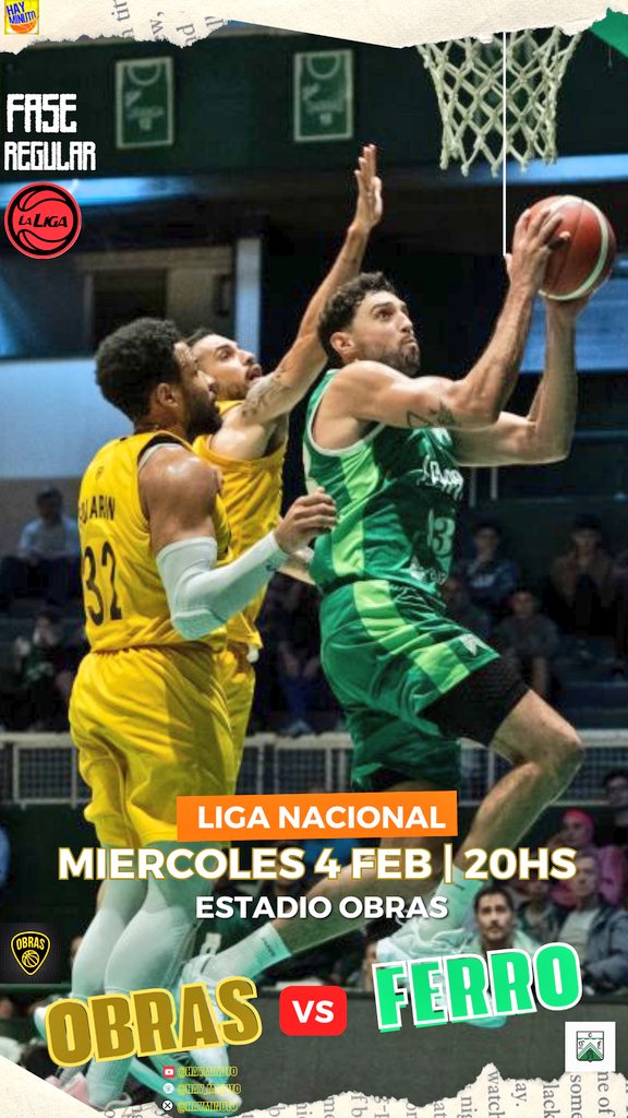 #LigaNacional 🏀
📍Fase Regular
📅 Miércoles 4 febrero
🕗20.00hs
🏟️ Templo del rock
🔜 <a href="/ObrasBasket/">Obras Basket</a> 5° (14-8) que viene de caer ante Platense recibe al líder <a href="/ferrobasquetok/">Ferro Carril Oeste Basquet</a> 1° (13-6) que llega de ganar 

👥 P. Estévez - <a href="/julio_dinamarca/">Julio Dinamarca</a>
<a href="/rsanchez_9/">Raúl Sánchez</a>

#LNB 🇦🇷