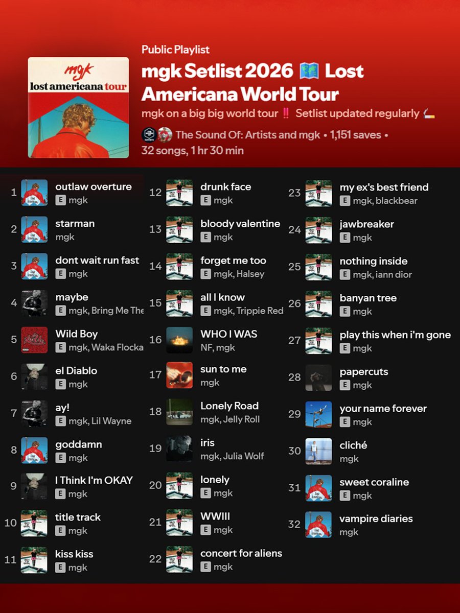 mgkmagic's tweet image. mgk dropped the lost americana tour setlist as a playlist on Spotify called "mgk Setlist 2026 🗺️ Lost Americana World Tour." You can save the playlist here: open.spotify.com/playlist/3fY8P…

The playlist is created by "The Sound of: Artists," with mgk listed as a collaborator. The setlist…
