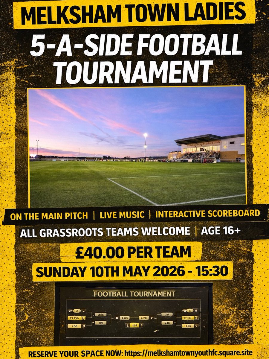 ⚽ Melksham Town Ladies 5-a-Side Tournament ⚽
Main pitch. Stadium seating. 15:30 kick-off — floodlight finish.
Live music 🎶 | Interactive scoreboard 📊 | Trophies up for grabs 🏆 <a href="/HerGameToo/">Her Game Too</a> <a href="/WiltsLeague/">Wiltshire Senior League</a> <a href="/WiltshireFA/">Wiltshire FA</a> <a href="/SomersetFA/">Somerset FA</a> <a href="/DorsetFootball/">Dorset Football</a> 

melkshamtownyouthfc.square.site