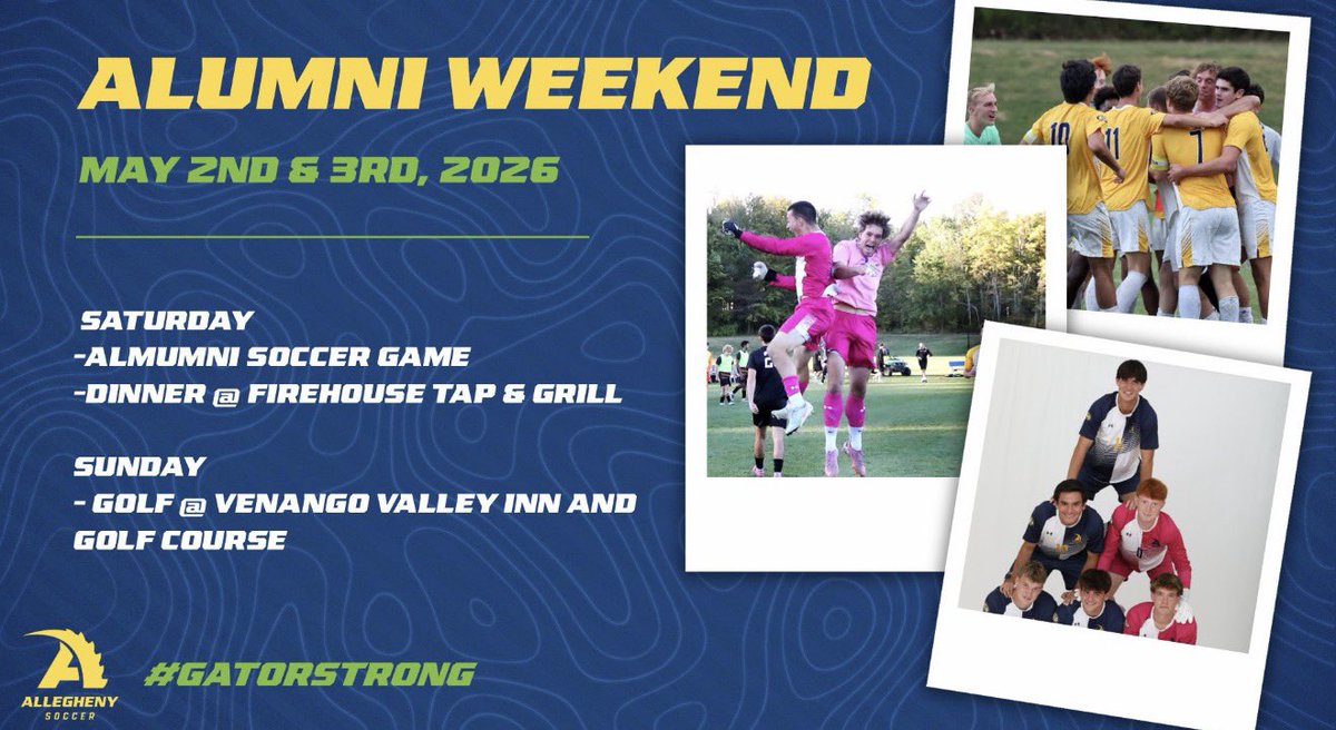 A reminder to mark your calendars! 🗓️

Our men’s soccer alumni weekend will be here before we know it, and we can’t wait to see you again Gators!🐊⚽️

#GatorStrong | #GatorPride 🔵🟡