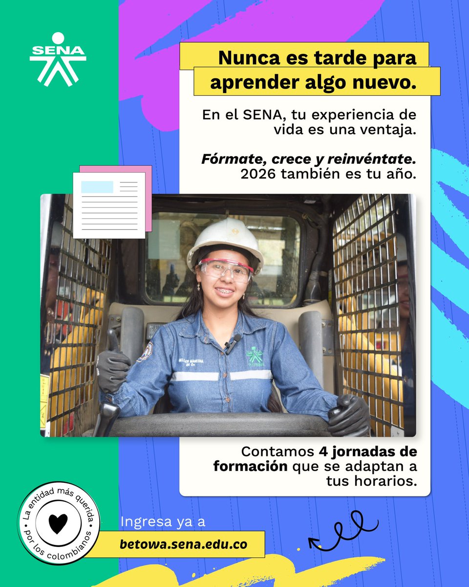 🎓 En el SENA no existe límite de edad para formarse.
Solo debes ingresar a betowa.sena.edu.co  y darte la oportunidad de seguir creciendo en experiencia y aprendizaje.

📅 Inscripciones abiertas hasta el 5 de febrero.
✔️ Más de 41 mil cupos disponibles. #EstudiaEnElSENA