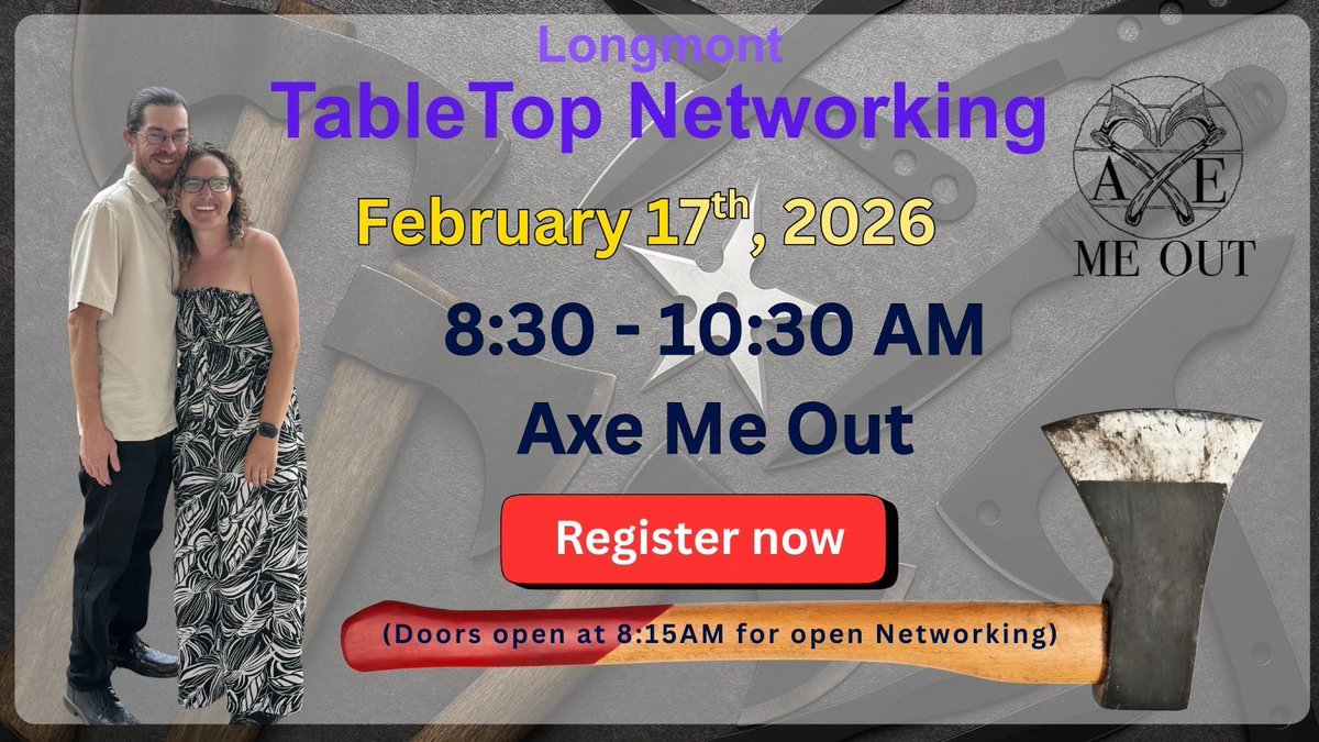 🤝 Grow your business network at Longmont Area TableTop Networking!  
📅 Feb. 17 | ⏰ 8:30–10:30 AM  
📍 Axe Me Out  
Hosted by Tina &amp; Luke Roturier

⏳ 11 days left to register!  
bit.ly/TTNLongmontReg…

#LongmontBusiness #Networking