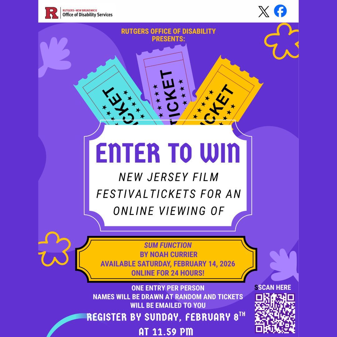 RutgersODS's tweet photo. Deadline: Sunday, Feb 8th at 11:59 PM.

How to enter: Scan the QR code to register, or use this link: https://t.co/nJl51xtVPb

Drawing: Names drawn at random; tickets emailed to winners.

#NJFilmFestival #Giveaway #SumFunction #NoahCurrier #DisabilityRepresentation #FilmFestival https://t.co/TrJb2lJULo