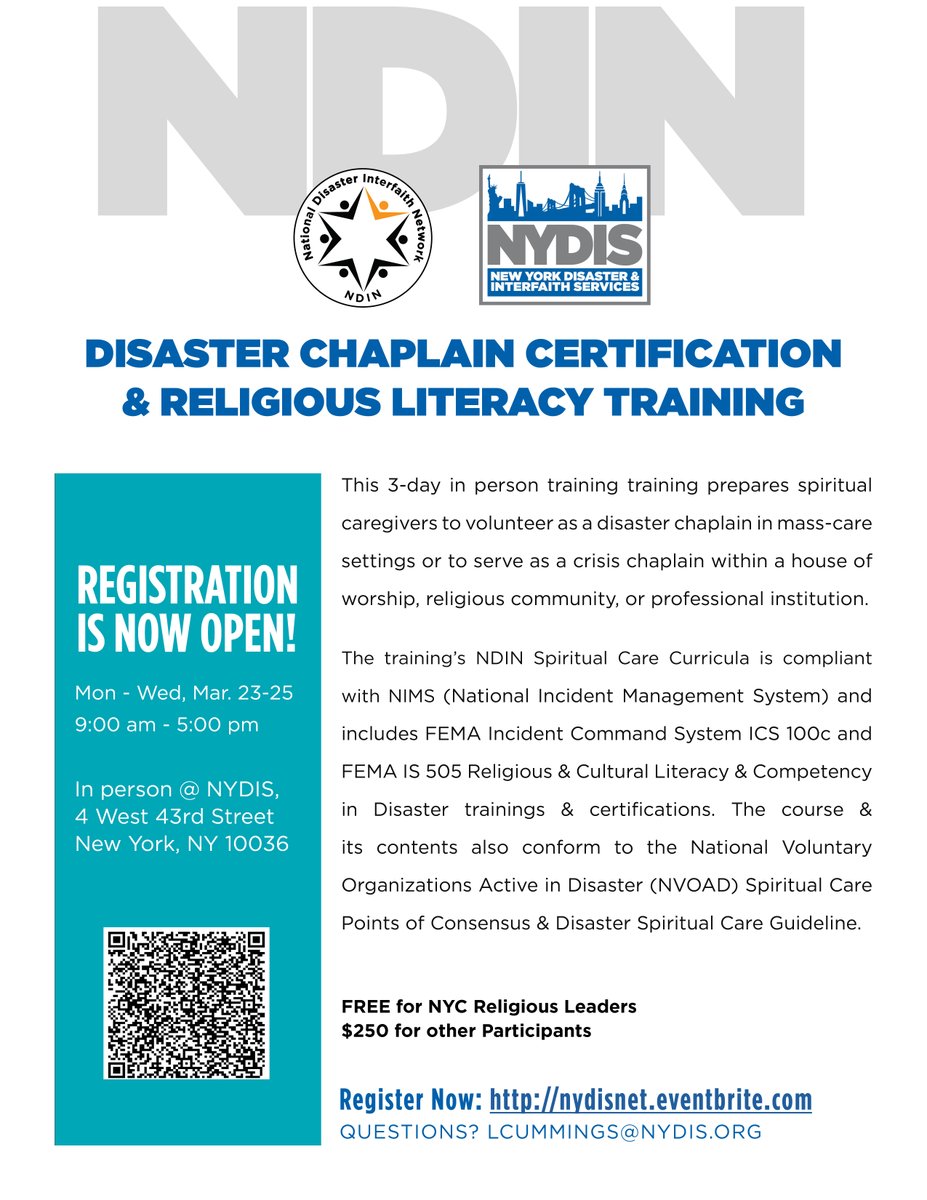 Register Now: NYDIS-NDIN Disaster Chaplain Training March 23-25 (NYC/Manhattan)
ow.ly/8fEC50Y8QYj