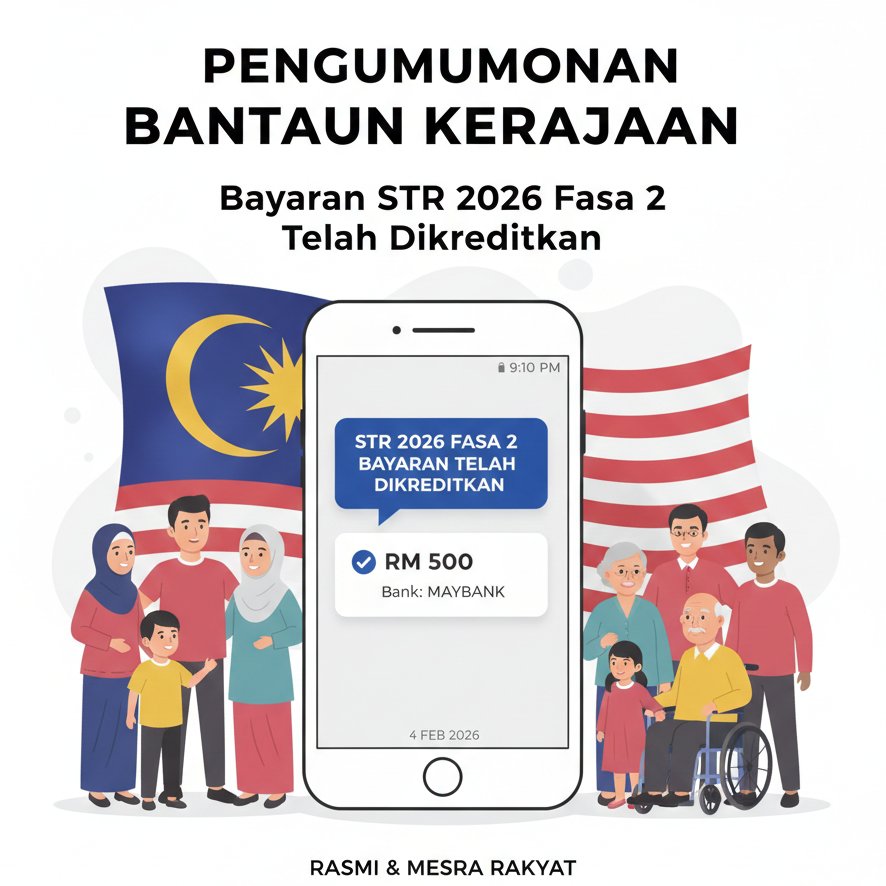 stronline1's tweet photo. STR 2026 Fasa 2 kini dikreditkan 💳
Semak tarikh, jumlah pembayaran &amp; status kelayakan di sini:
https://t.co/MaZ4JlD4c1

#STR2026 #STRFasa2 #BantuanRakyat https://t.co/x4lFlxq3Qs