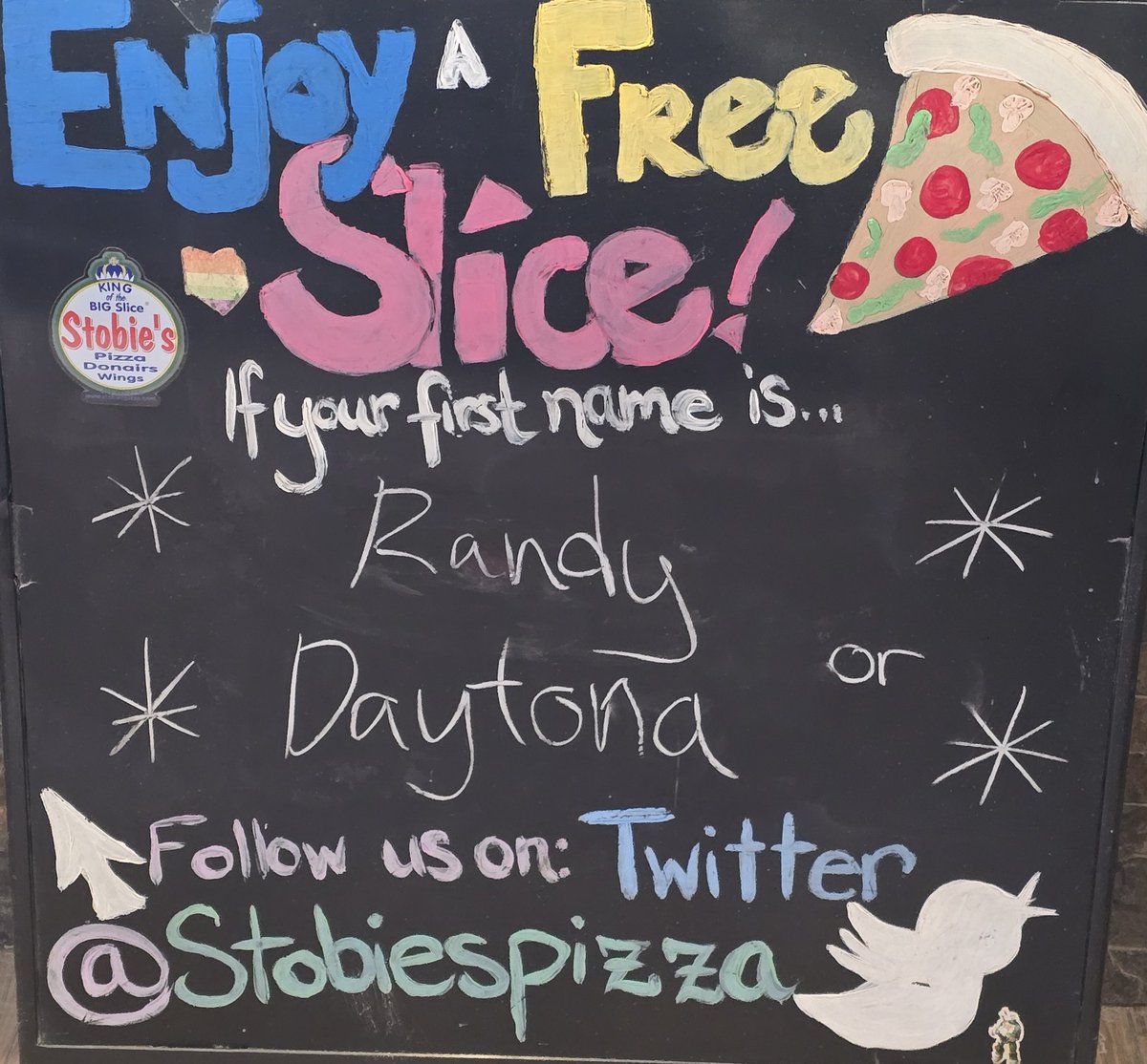 Enjoy a free🍕today if your first name is🥁🥁🥁🥁 Randy or Daytona 
•
🍕
•
🍕
#randy #Daytona #nameday #kingofthebigslice  #stobiespizza

delivery starts at 11 AM 
Call 519-432-2228 or click or Uber Eats or DoorDash
☎️📲💻🍕🍗🌯🥟🥗🚗😍
🍕