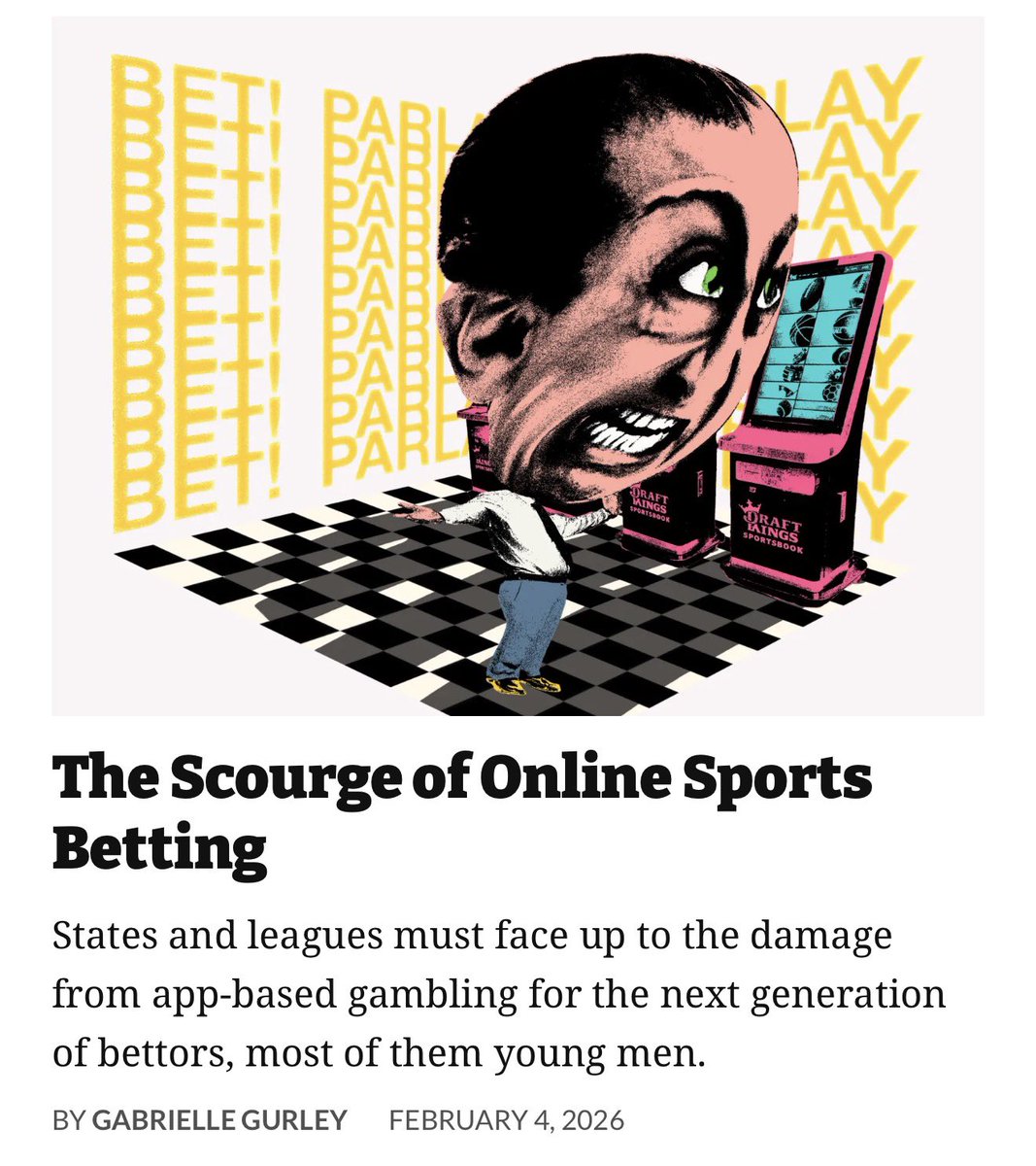 AlexSJacquez's tweet photo. I’ve said it before: I like to bet on sports. Not too much, not too often.

But what @DraftKings and @FanDuel have done is monopolized the market and put a dangerously addictive slot machine in your pocket. 

@gurleygg has the latest in @TheProspect’s The Business of Sports: 1/ https://t.co/DCp8dHc9xp