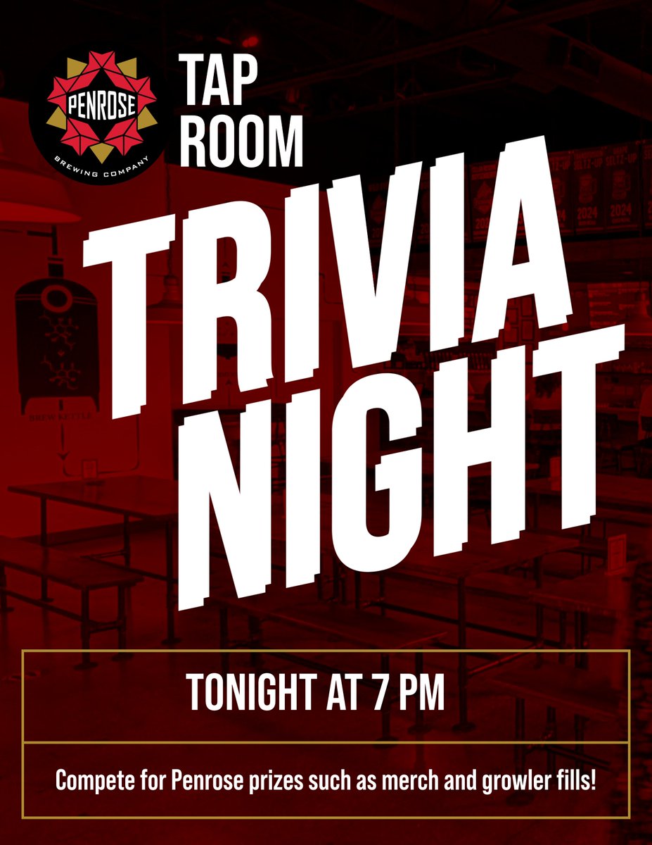 PenroseBrewing's tweet photo. You know the drill. Teams max of six people. See you at 7 PM.

#Penrose #TriviaNight https://t.co/7hRNxXaCMs