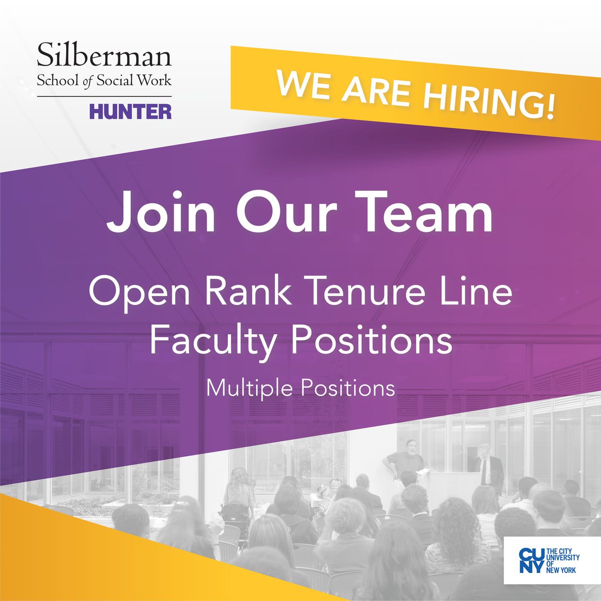 silbermanssw's tweet photo. The Silberman School of Social Work at Hunter College currently has 3 open rank tenure line faculty positions open. We appreciate you sharing this opportunity with your professional networks.

https://t.co/R9So5LTUKq https://t.co/FBbjyiwvmy