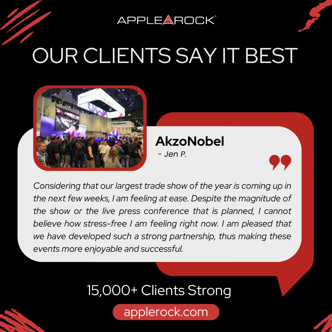 When clients come back year after year, it’s because trust was built early.

AkzoNobel has partnered with Apple Rock for years. Big shows, high expectations, and a team that keeps things running without the stress.

15,000+ clients strong and counting.