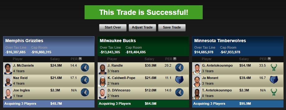 Kumerkz's tweet image. Memphis Grizzlies: McDaniels, Reid, Ingles
Milwaukee Bucks: Randle, Caldwell-Pope Di Vincenzo, 2027 LAL (top 4 protected) , 2030 ORL unprotected via Memphis. 2028 first pick minnesota 
Minnesota: Giannis and JA Morant. 

Quien dice no?