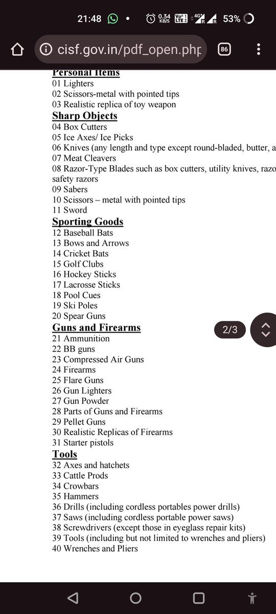 thepavwali's tweet photo. @CISFHQrs @BcasHq how are crochet hooks a security risk?

The CISF pdf makes no mention of crochet hooks not being allowed. We're shown an obscure pdf where in entry hundred are mentioned knitting and crochet needles, NOT hooks. https://t.co/nKL51tyGnJ