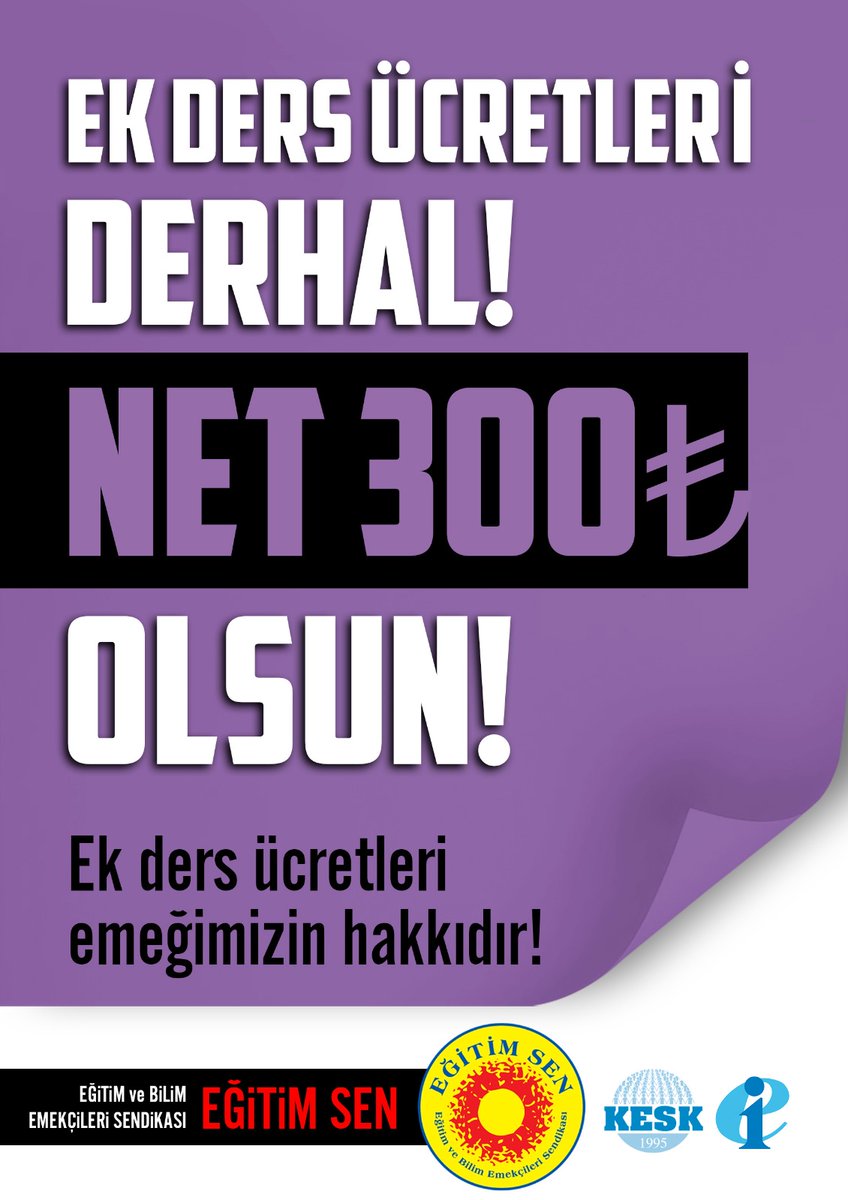 2023’ten bu yana ek derslerin maaş içerisindeki payı en az %30 azaldı. Bu gizli yoksullaşmayı kabul etmiyoruz.

Talebimiz açık ve nettir:
* NET 300 TL ek ders ücreti
* Taban Aylığa yansıyan ek ders ödemesi
* Güvenceli ve kalıcı ek ders sistemi
#EkDers300