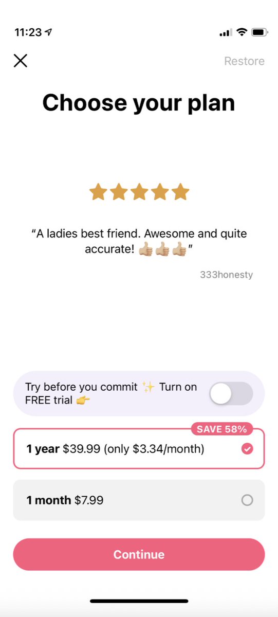 e_romanovv's tweet photo. Looks solid! Much cleaner now.

Have you thought about testing different setups for the trial? 

- Monthly: no trial, to filter for high intent.
- Annual: with trial to lower the barrier.
- Annual: no trial and a bigger discount.

Flo does something similar to maximize revenue. Check out their setup in the screenshot.