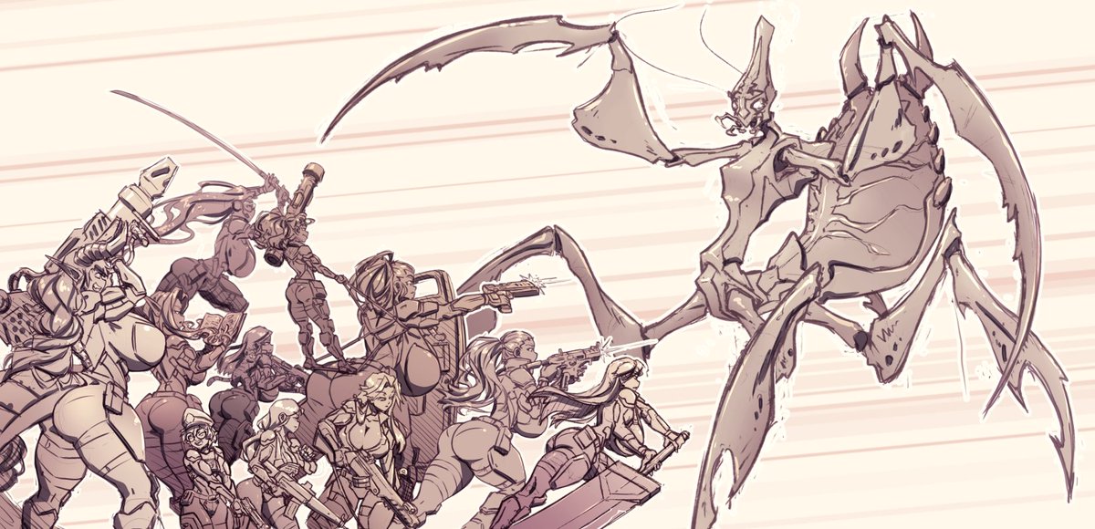 A sketch suggestion by my supporters, their characters as parts of GuardAzon’s Rapid Response Team, fighting a giant preying mantis monster to protect an anonymous client :D
Was fun to tackle this, usually do not draw this many characters together