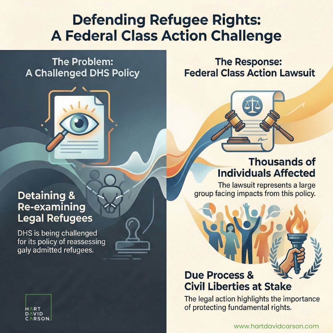 Defending Refugee Rights: A Federal Class Action Challenge

🚨 The Problem: A challenged DHS policy detaining &amp; re-examining legal refugees.
⚖️ The Response: Federal class action lawsuit representing thousands of affected individuals.
✊ What’s at Stake: Due process and civil