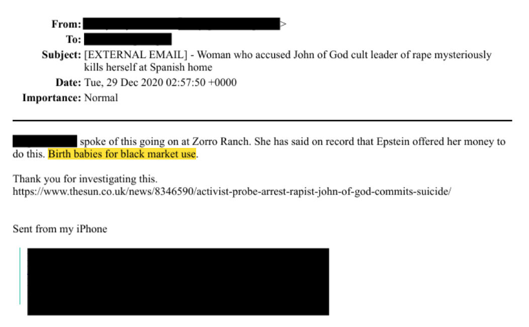 davenewworld_2's tweet image. "Birth babies for black market use."

Of course both names are redacted.

WTF was going on at Epstein's Zorro Ranch?
