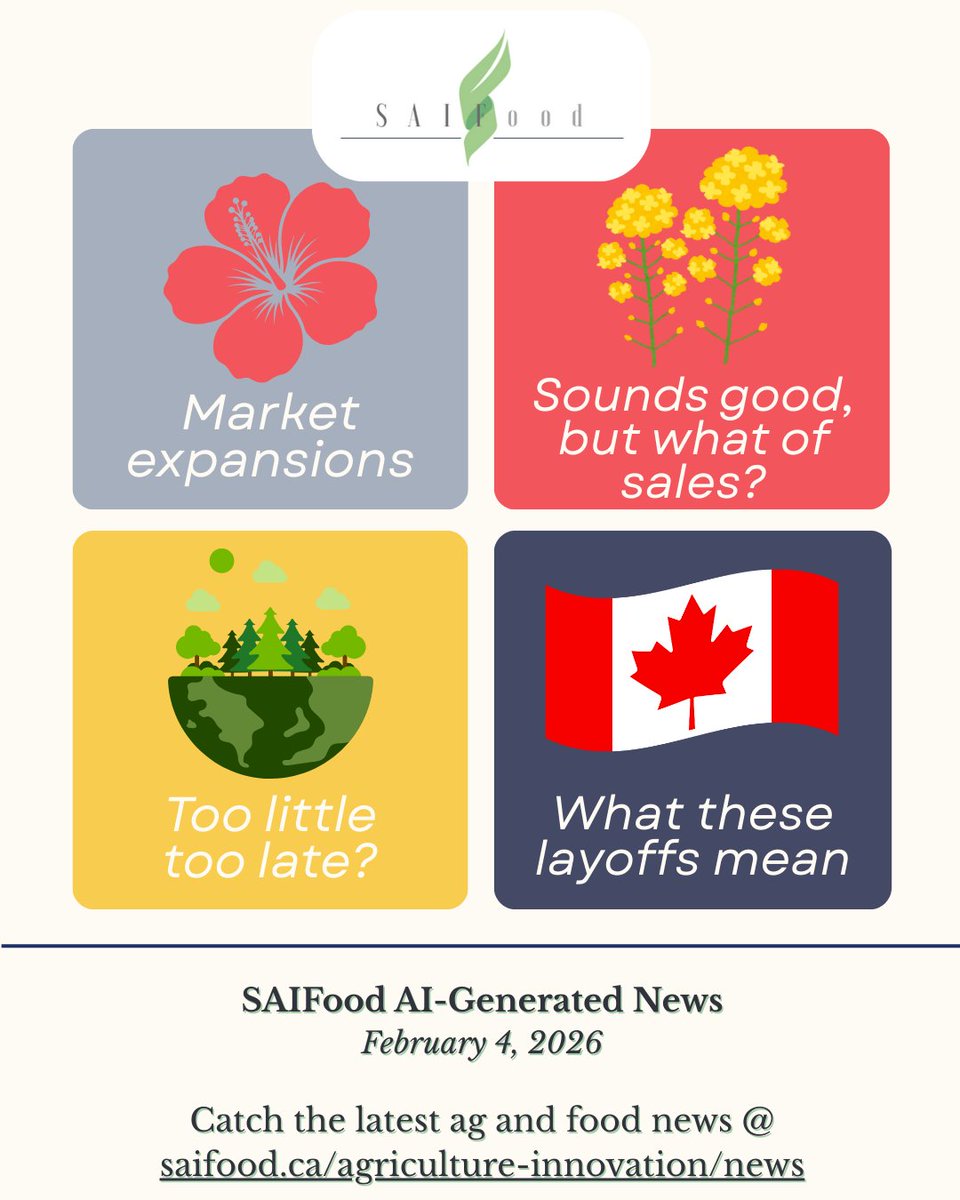 SAIFood_blog's tweet image. This week's #AIGeneratedNews:

🌏 More work to expand export
🇨🇳 Uncertainty remains over canola trade movements
🔍 What does defunding AAFC &amp;amp; CFIA really mean?
🕛 Environmentally, we are out of time

Check it out 👉 saifood.ca/agriculture-in…