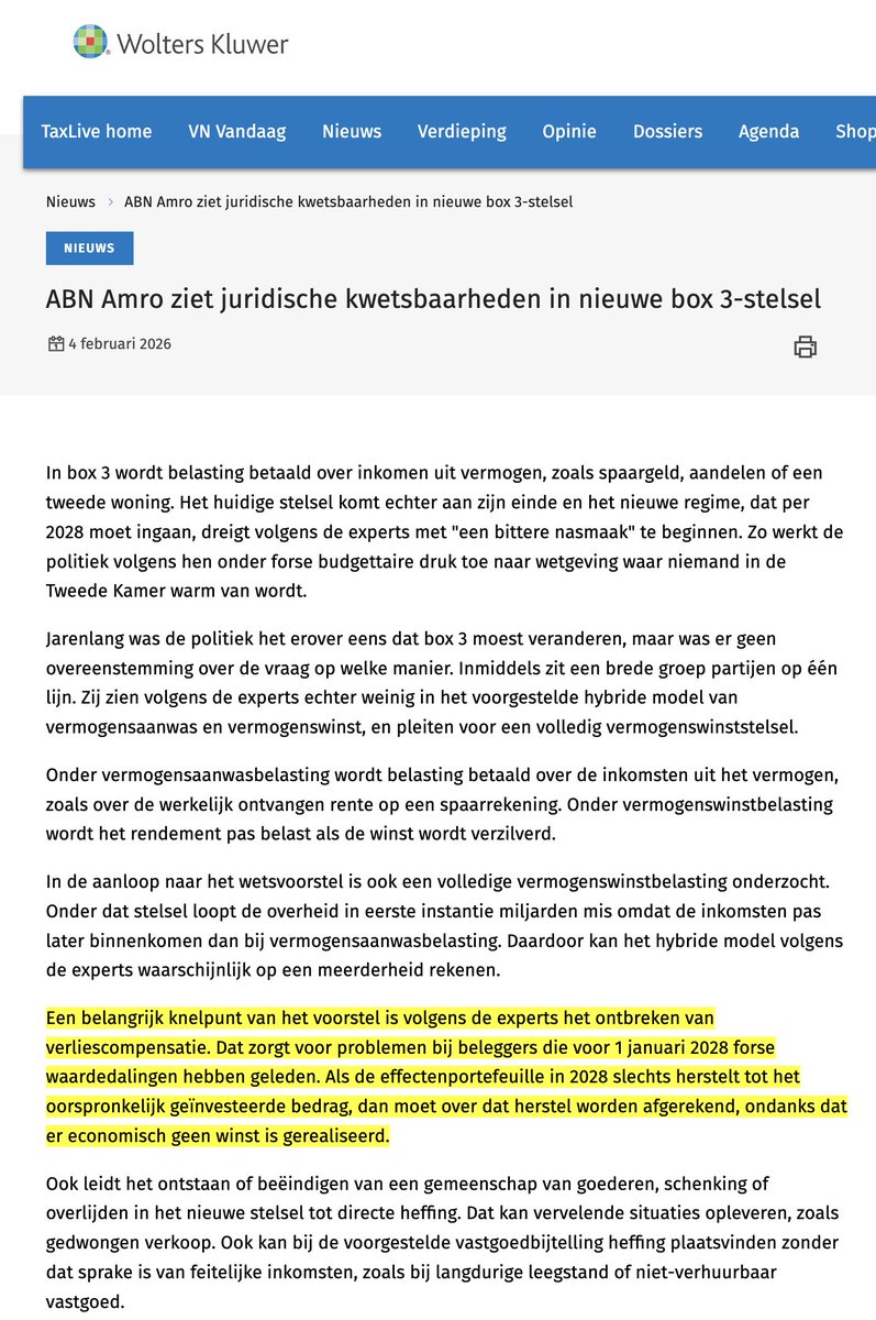 bslagter's tweet image. ABN Amro ziet juridische kwetsbaarheden in nieuwe box 3-stelsel

Stel:

In 2027 koop je voor 200.000 euro aandelen, en aan het eind van het jaar sta je op 30% verlies. Je aandelen zijn nu 140.000 euro waard.

In 2028 gaat het nieuwe stelsel in. Je aandelen stijgen terug naar…