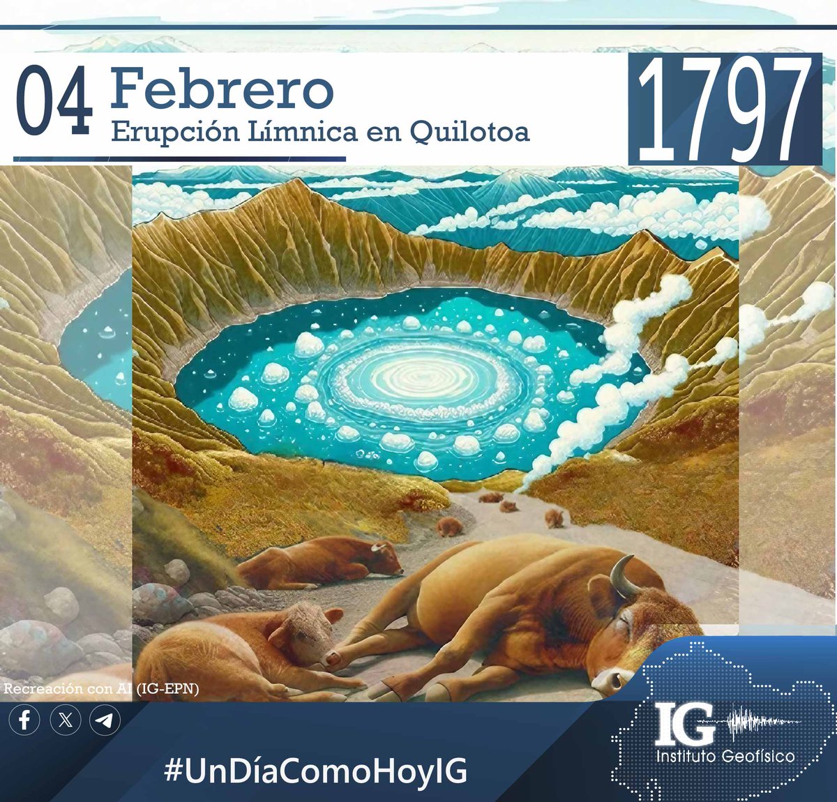 #UnDíaComoHoyIG 04 de Febrero de 1797. El fuerte sacudón producido por el sismo de Riobamba genera una violenta liberación de gases de la laguna de Quilotoa.  "Al momento del impulso que conmovió la tierra, se inflamó la Laguna nombrada Quilotoa.... el aliento que arrojó mató a