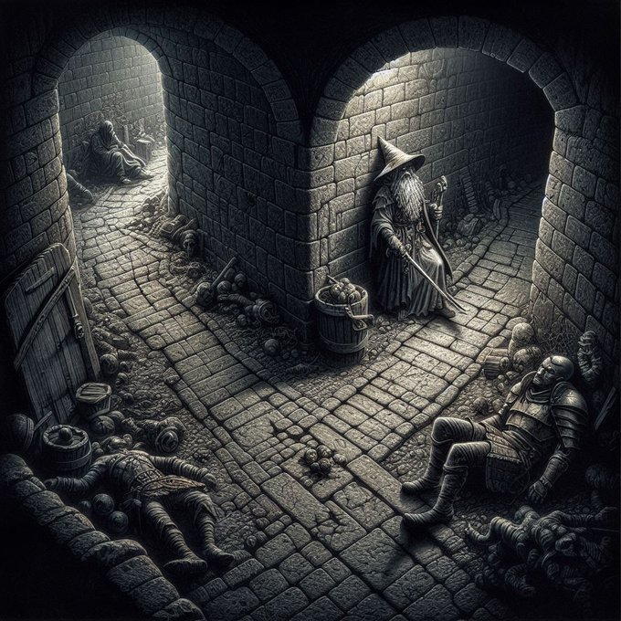 This is one of the most realistic pictures of a dungeon crawl I've seen.  The Spectre (MORE Undead) waiting patiently in  the hall after draining the life from the two fighters and what ever that is in the lower right corner.  The Wizard, exhausted, frantically trying to think