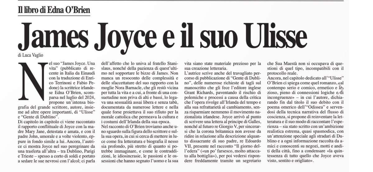 Su <a href="/LaRagione_eu/">La Ragione</a>  scrivo di "James Joyce. Una vita" (<a href="/Einaudieditore/">Einaudi editore</a>, traduzione di Enrico Terrinoni e Fabio Pedone), l'intensa biografia che Edna O'Brien ha dedicato al grande scrittore irlandese #Joyce