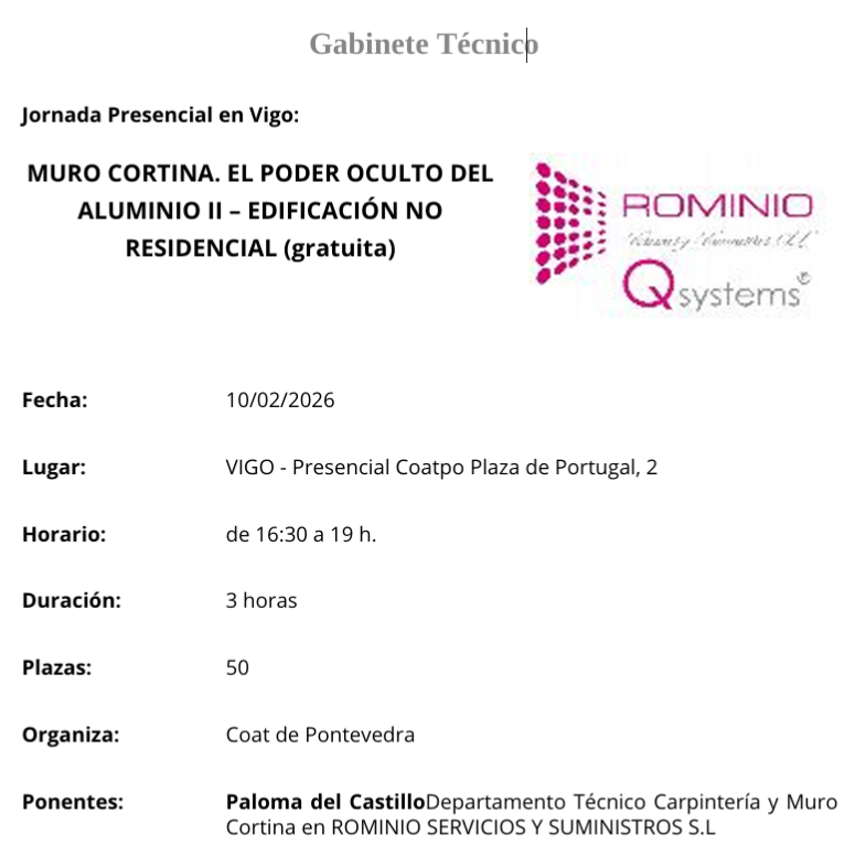 📢Recuerda!!!
🖊️Mañana, 5 de febrero, finaliza el plazo para apuntarte.
🆓Jornada gratuita organizada por el Coatpo: MURO CORTINA. EL PODER OCULTO DEL ALUMINIO II – EDIFICACIÓN NO RESIDENCIAL
💺Martes, 10 de febrero, de⌚16:30 a 19 h.
👌Inscripción: coatpo.es/eventos/detall…