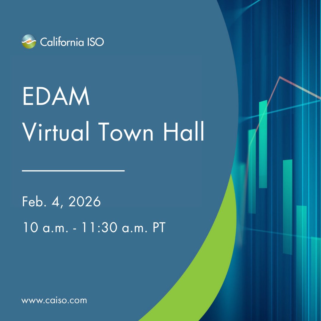 📣Tune in for the California ISO’s Extended Day-Ahead Market Virtual Town Hall today at 10 a.m. 

➡️Join here: ow.ly/48iR50Y8yrg

💡 Agenda: ow.ly/T5o150Y8yrh