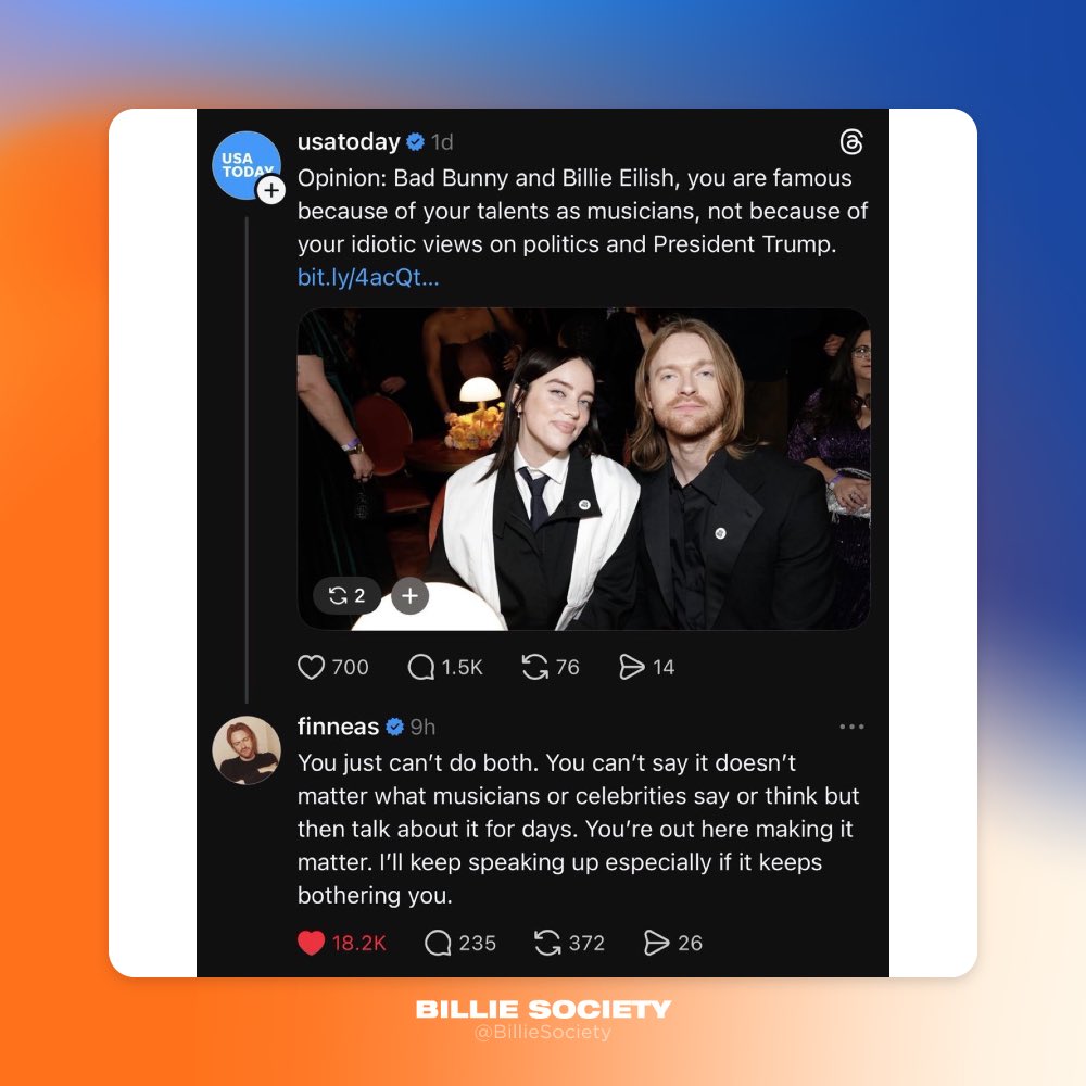 BillieSociety's tweet image. Finneas replies to an @USATODAY opinion piece about Billie speaking up for immigrants at the #Grammys via threads.

— “You just can't do both. You can't say it doesn't matter what musicians or celebrities say or think but then talk about it for days. You're out here making it…
