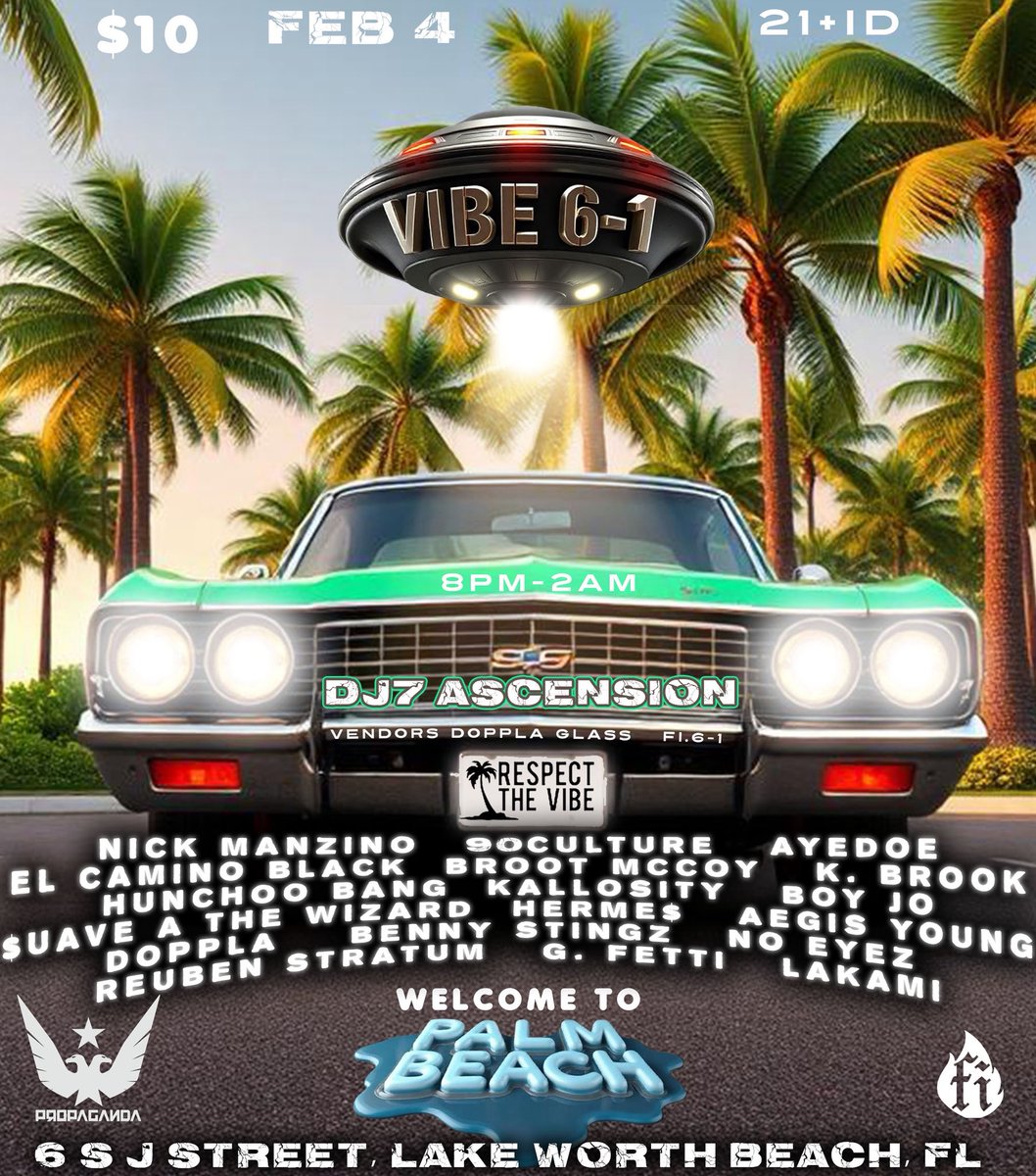 TONIGHT I NEED ALL OUR SUPPORTERS TO SLIDE, THIS WILL BE A LEGENDARY SHOW FOR THE UNDERGROUND CULTURE IN SOUTH FLORIDA 📍📍
YOU DONT WANT TO MISS THIS🔥🔥🔥🌎🌎🌎

WELCOME TO PALM BEACH🏝️🔋🔥‼️

<a href="/respectthevibe/">RESPECT THE VIBE ®</a> PRESENTS: VIBE 6-1 
ARTIST SHOWCASE 

LOCATION: 
<a href="/PropagandaLW/">Propaganda</a>