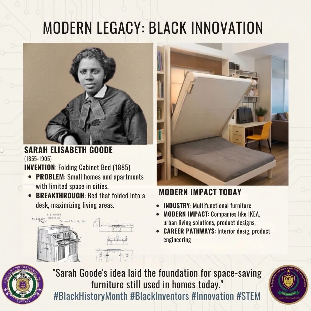Day 3 of our Black History Month series highlighting Black innovation that still moves the world forward. Sarah E. Goode, one of the first Black women to receive a U.S. patent, created a folding cabinet bed that helped families maximize small living spaces.
#BlackHistoryMonth