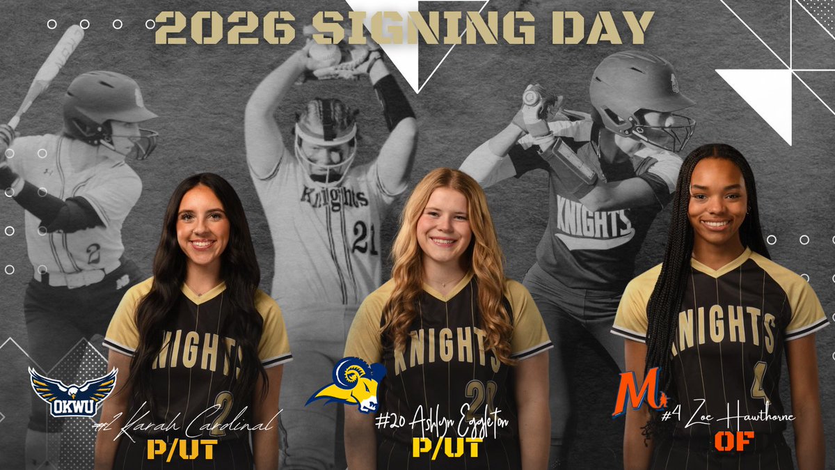 emhs_knightvb's tweet photo. 💛🖤National Signing Day🥎

We are so proud to celebrate these incredible nights as they take the next step in their softball and academic journeys!

⭐️Karah Cardinal, P/UT 👉🏼 OKWU
⭐️Ashlyn Eggleton, P/UT👉🏼TWU
⭐️Zoe Hawthorne, OF👉🏼MCC

#ArmorUp https://t.co/lY2yvqGCga