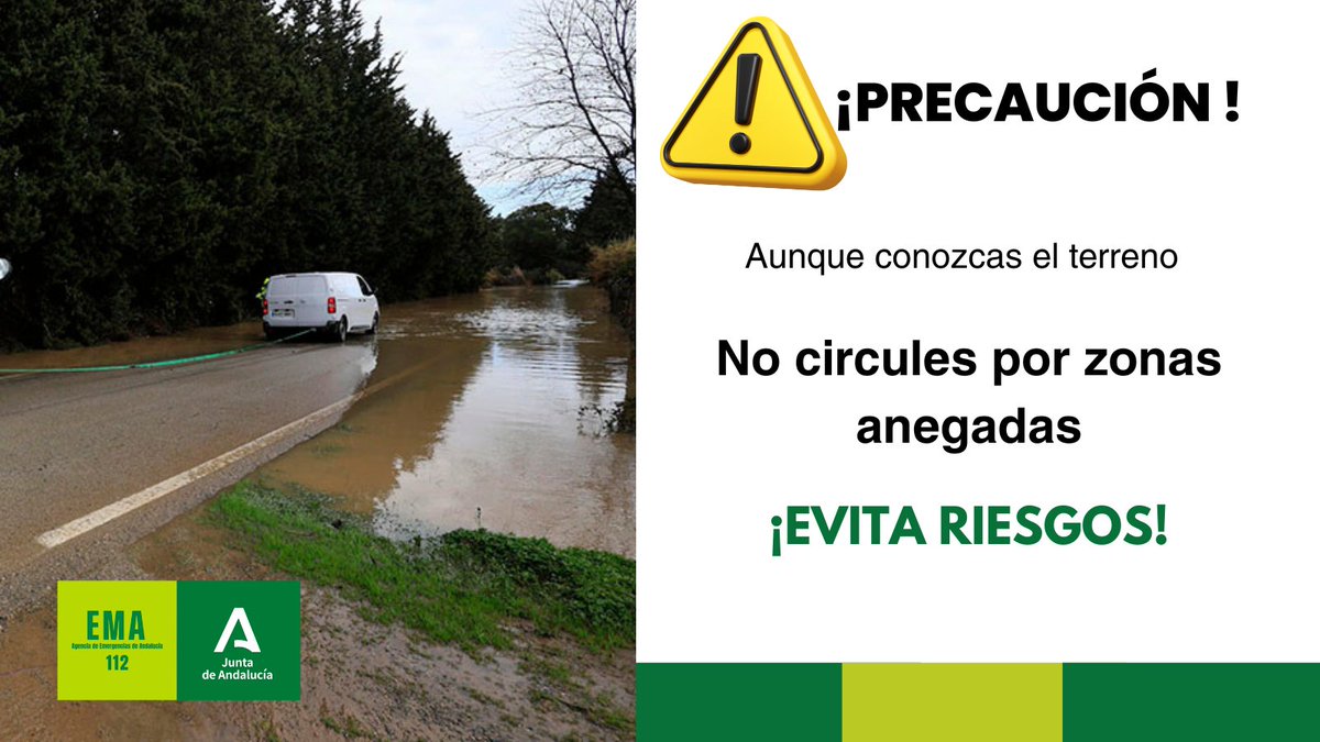 ❌NO cruces NUNCA zonas anegadas.  
❌NO circules por zonas inundadas. 
❌NO transites por zonas con agua. 
Podemos decirlo muchas veces, de muchas maneras.  ✅Queremos que te lo grabes a fuego porque es muy PELIGROSO:
Evita riesgos #Protégete #BorrascaLeonardo #AndalucíaPreviene